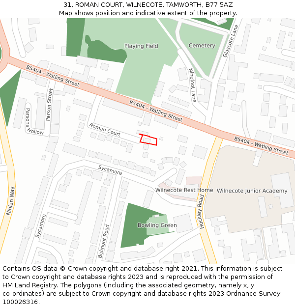 31, ROMAN COURT, WILNECOTE, TAMWORTH, B77 5AZ: Location map and indicative extent of plot