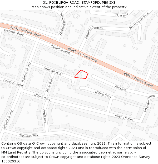 31, ROXBURGH ROAD, STAMFORD, PE9 2XE: Location map and indicative extent of plot