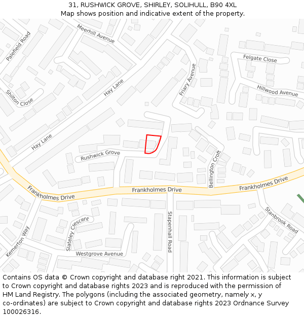 31, RUSHWICK GROVE, SHIRLEY, SOLIHULL, B90 4XL: Location map and indicative extent of plot