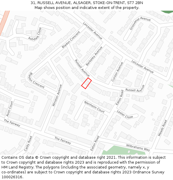 31, RUSSELL AVENUE, ALSAGER, STOKE-ON-TRENT, ST7 2BN: Location map and indicative extent of plot