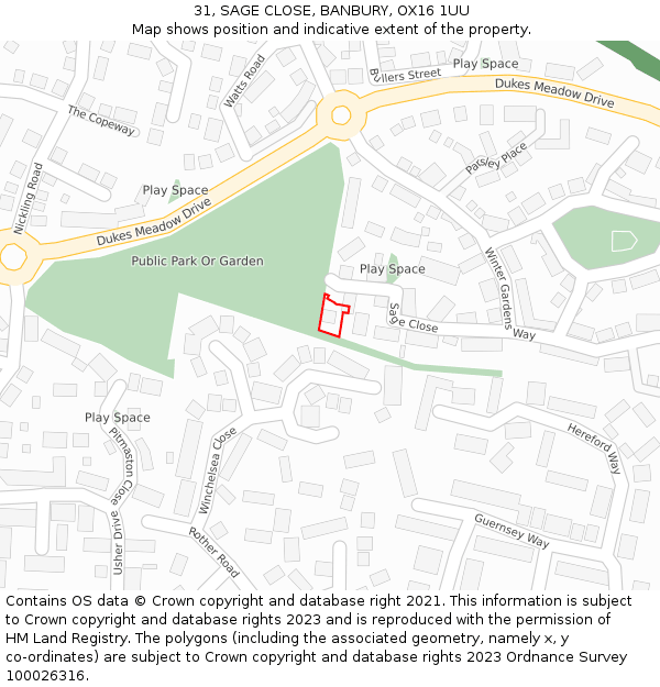 31, SAGE CLOSE, BANBURY, OX16 1UU: Location map and indicative extent of plot