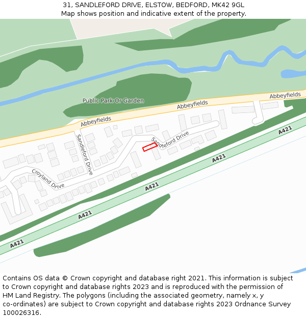31, SANDLEFORD DRIVE, ELSTOW, BEDFORD, MK42 9GL: Location map and indicative extent of plot