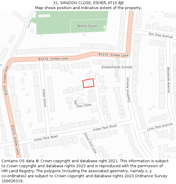 31, SANDON CLOSE, ESHER, KT10 8JE: Location map and indicative extent of plot