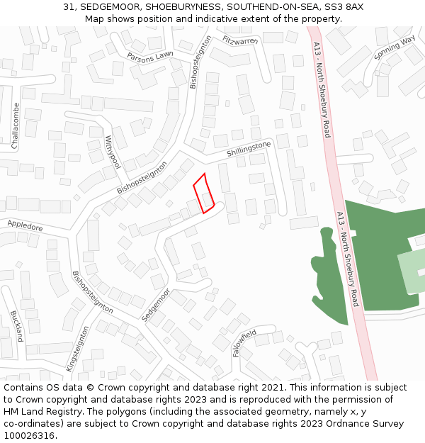 31, SEDGEMOOR, SHOEBURYNESS, SOUTHEND-ON-SEA, SS3 8AX: Location map and indicative extent of plot