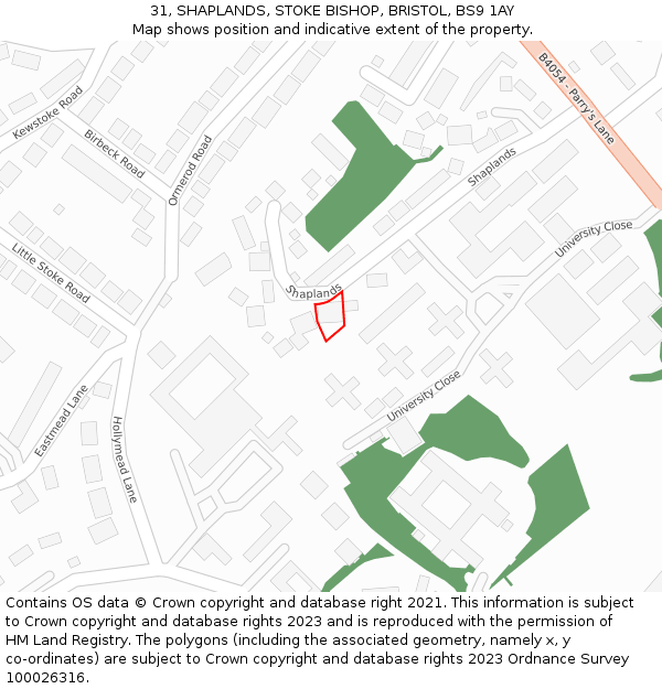 31, SHAPLANDS, STOKE BISHOP, BRISTOL, BS9 1AY: Location map and indicative extent of plot