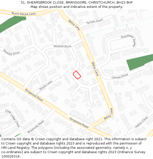 31, SHEARSBROOK CLOSE, BRANSGORE, CHRISTCHURCH, BH23 8HF: Location map and indicative extent of plot