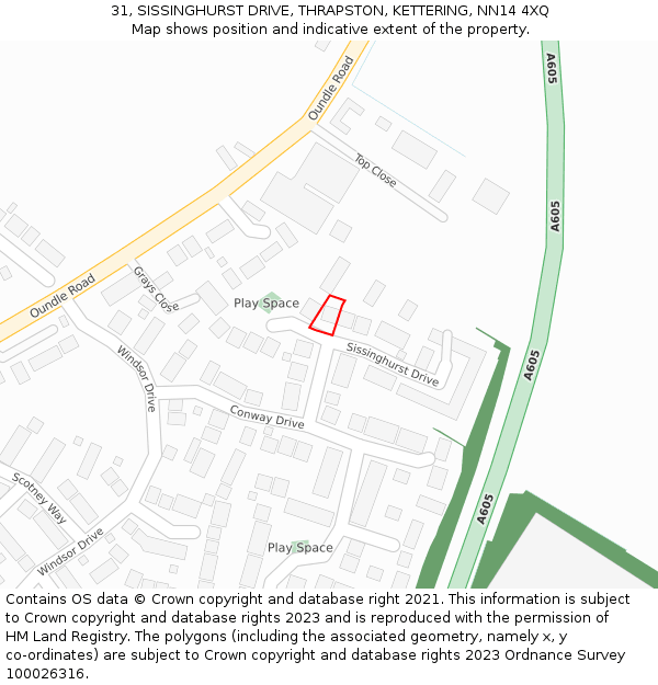 31, SISSINGHURST DRIVE, THRAPSTON, KETTERING, NN14 4XQ: Location map and indicative extent of plot