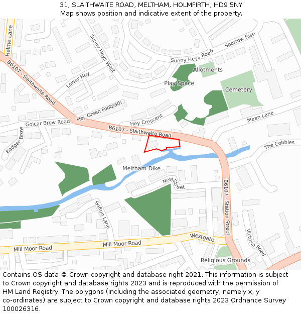 31, SLAITHWAITE ROAD, MELTHAM, HOLMFIRTH, HD9 5NY: Location map and indicative extent of plot