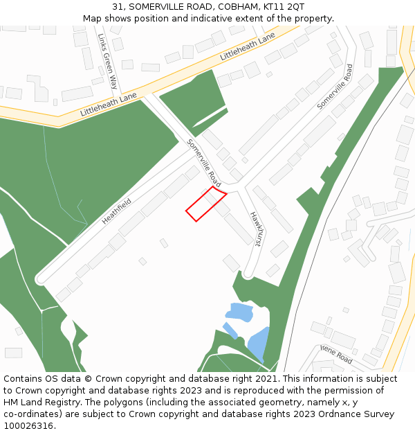 31, SOMERVILLE ROAD, COBHAM, KT11 2QT: Location map and indicative extent of plot
