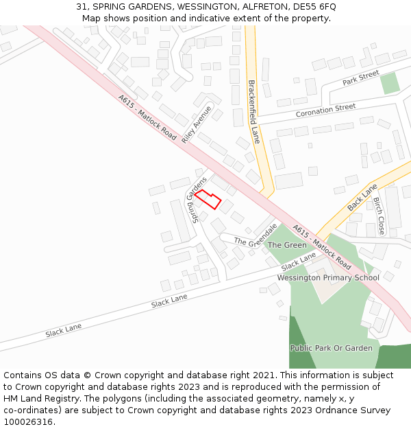 31, SPRING GARDENS, WESSINGTON, ALFRETON, DE55 6FQ: Location map and indicative extent of plot