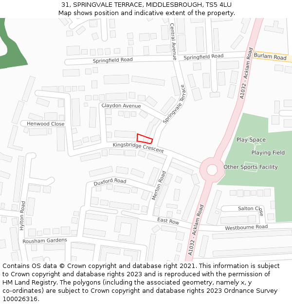 31, SPRINGVALE TERRACE, MIDDLESBROUGH, TS5 4LU: Location map and indicative extent of plot