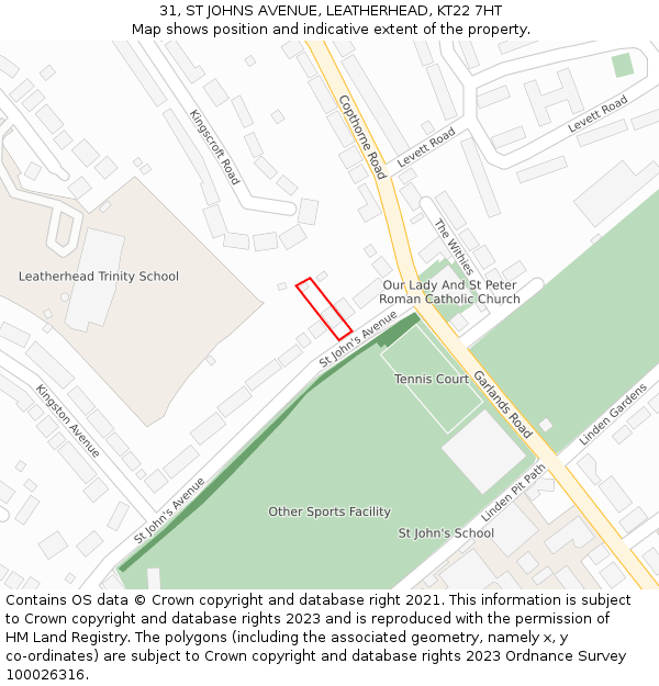 31, ST JOHNS AVENUE, LEATHERHEAD, KT22 7HT: Location map and indicative extent of plot