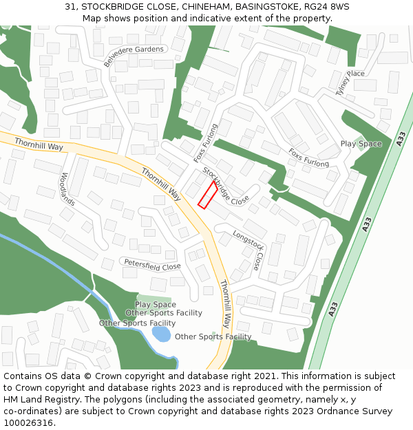 31, STOCKBRIDGE CLOSE, CHINEHAM, BASINGSTOKE, RG24 8WS: Location map and indicative extent of plot
