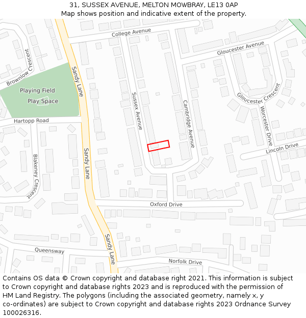 31, SUSSEX AVENUE, MELTON MOWBRAY, LE13 0AP: Location map and indicative extent of plot
