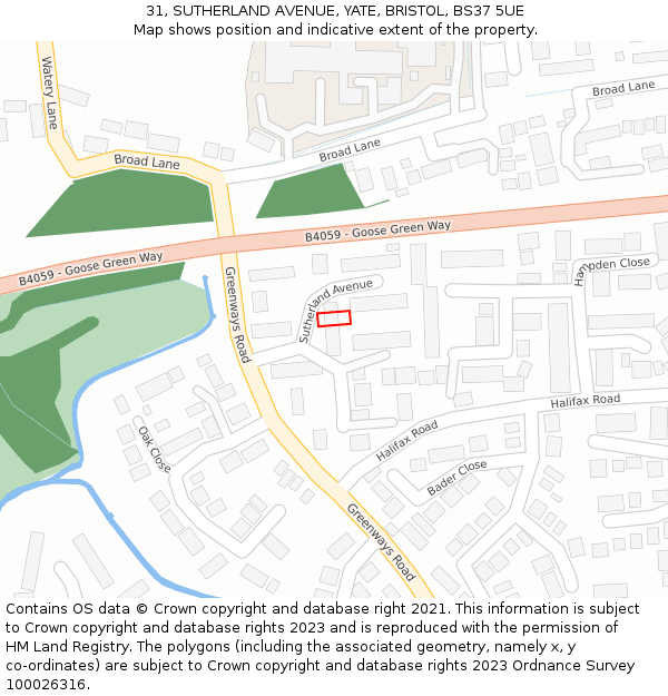 31, SUTHERLAND AVENUE, YATE, BRISTOL, BS37 5UE: Location map and indicative extent of plot