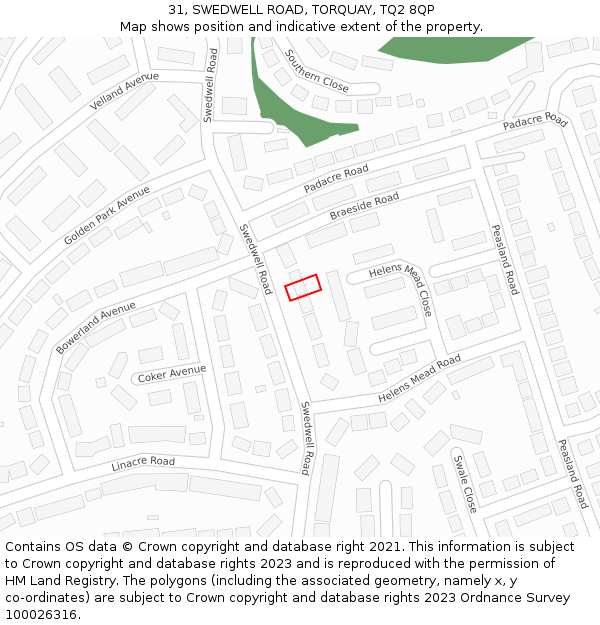 31, SWEDWELL ROAD, TORQUAY, TQ2 8QP: Location map and indicative extent of plot