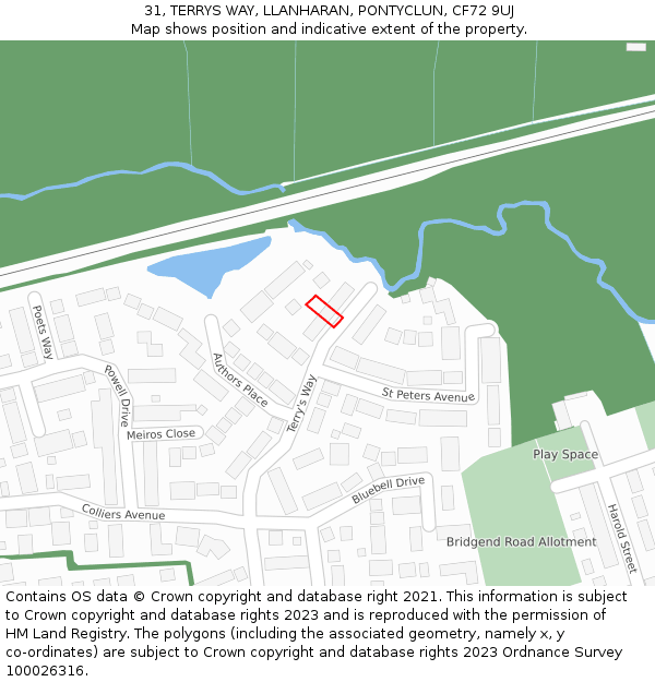 31, TERRYS WAY, LLANHARAN, PONTYCLUN, CF72 9UJ: Location map and indicative extent of plot