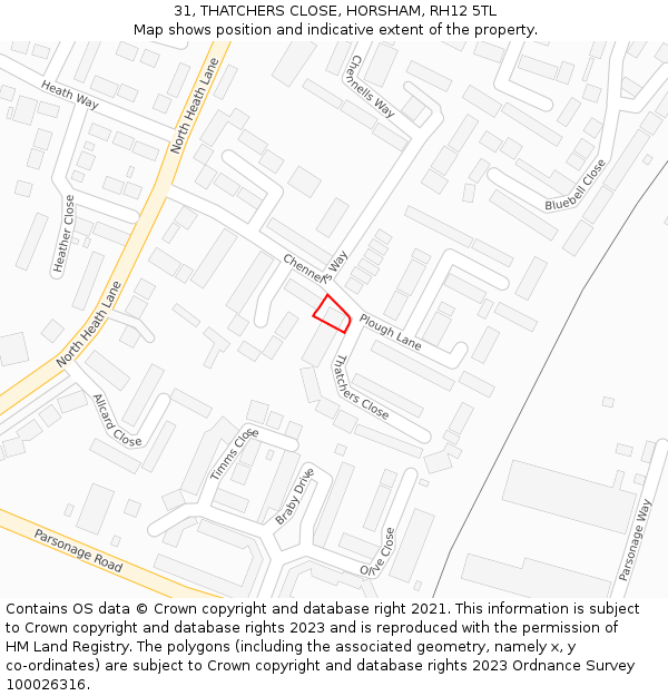 31, THATCHERS CLOSE, HORSHAM, RH12 5TL: Location map and indicative extent of plot