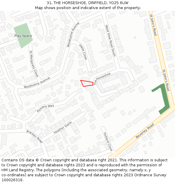 31, THE HORSESHOE, DRIFFIELD, YO25 6UW: Location map and indicative extent of plot