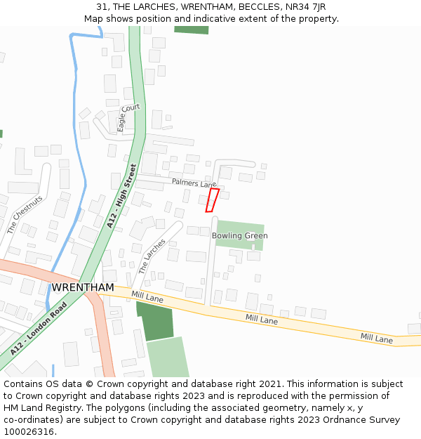 31, THE LARCHES, WRENTHAM, BECCLES, NR34 7JR: Location map and indicative extent of plot