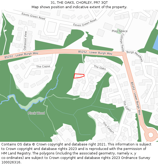 31, THE OAKS, CHORLEY, PR7 3QT: Location map and indicative extent of plot