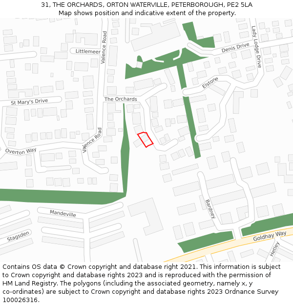 31, THE ORCHARDS, ORTON WATERVILLE, PETERBOROUGH, PE2 5LA: Location map and indicative extent of plot
