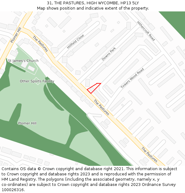 31, THE PASTURES, HIGH WYCOMBE, HP13 5LY: Location map and indicative extent of plot