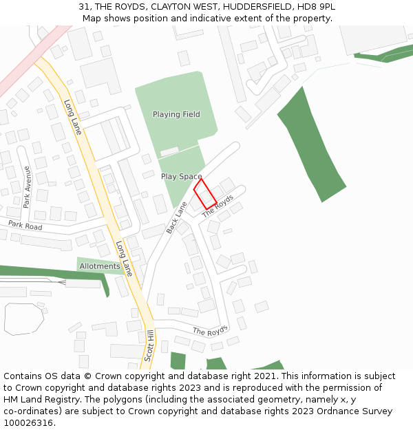 31, THE ROYDS, CLAYTON WEST, HUDDERSFIELD, HD8 9PL: Location map and indicative extent of plot