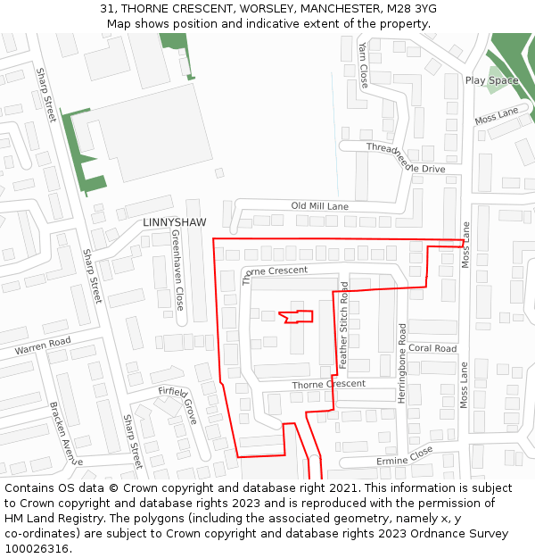 31, THORNE CRESCENT, WORSLEY, MANCHESTER, M28 3YG: Location map and indicative extent of plot