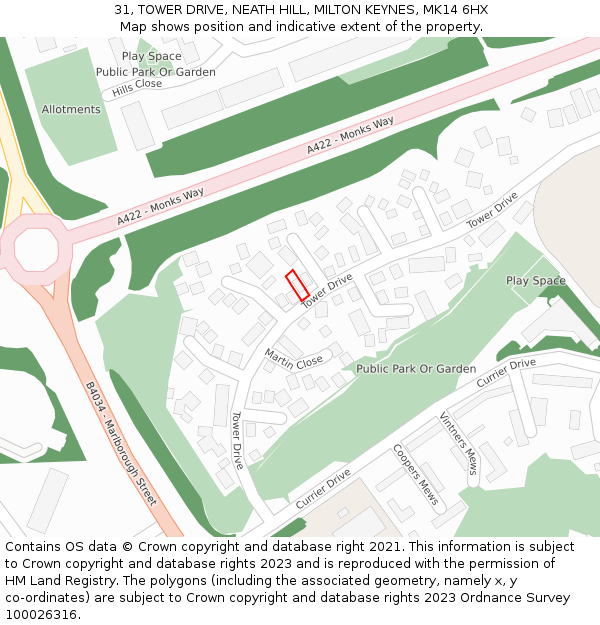 31, TOWER DRIVE, NEATH HILL, MILTON KEYNES, MK14 6HX: Location map and indicative extent of plot