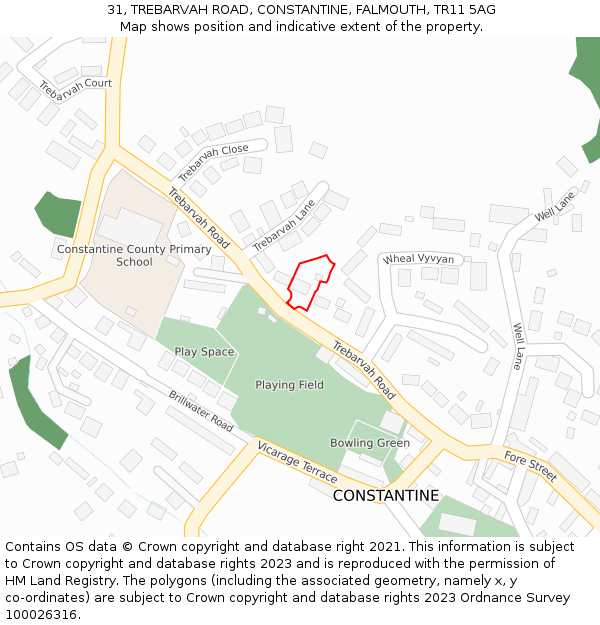 31, TREBARVAH ROAD, CONSTANTINE, FALMOUTH, TR11 5AG: Location map and indicative extent of plot