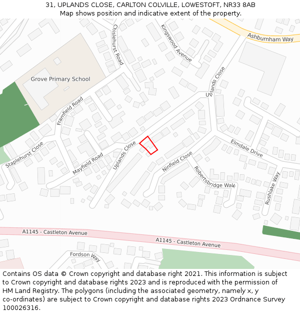 31, UPLANDS CLOSE, CARLTON COLVILLE, LOWESTOFT, NR33 8AB: Location map and indicative extent of plot