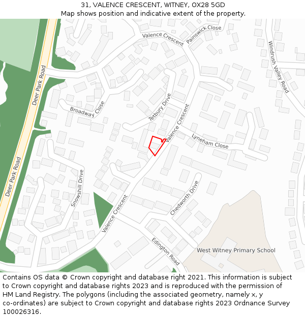 31, VALENCE CRESCENT, WITNEY, OX28 5GD: Location map and indicative extent of plot