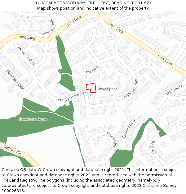 31, VICARAGE WOOD WAY, TILEHURST, READING, RG31 6ZX: Location map and indicative extent of plot