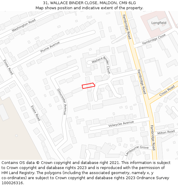 31, WALLACE BINDER CLOSE, MALDON, CM9 6LG: Location map and indicative extent of plot