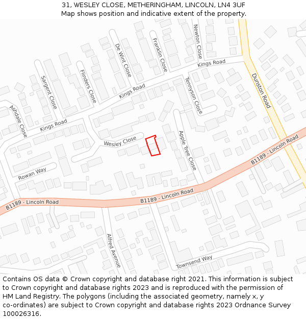 31, WESLEY CLOSE, METHERINGHAM, LINCOLN, LN4 3UF: Location map and indicative extent of plot