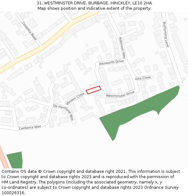 31, WESTMINSTER DRIVE, BURBAGE, HINCKLEY, LE10 2HA: Location map and indicative extent of plot