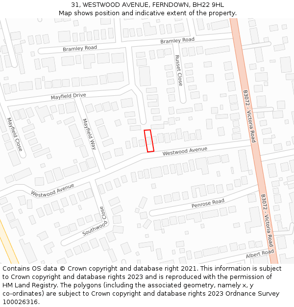 31, WESTWOOD AVENUE, FERNDOWN, BH22 9HL: Location map and indicative extent of plot