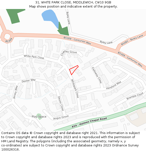 31, WHITE PARK CLOSE, MIDDLEWICH, CW10 9GB: Location map and indicative extent of plot
