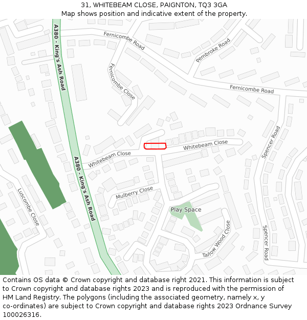 31, WHITEBEAM CLOSE, PAIGNTON, TQ3 3GA: Location map and indicative extent of plot