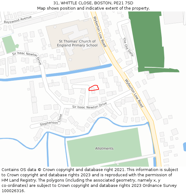 31, WHITTLE CLOSE, BOSTON, PE21 7SD: Location map and indicative extent of plot