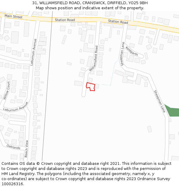 31, WILLIAMSFIELD ROAD, CRANSWICK, DRIFFIELD, YO25 9BH: Location map and indicative extent of plot