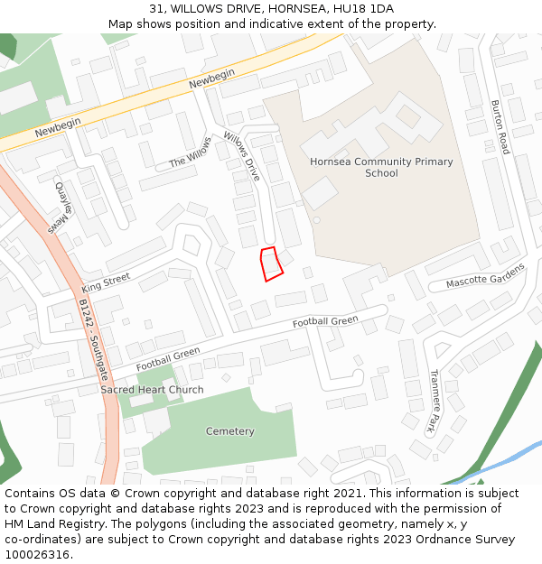 31, WILLOWS DRIVE, HORNSEA, HU18 1DA: Location map and indicative extent of plot