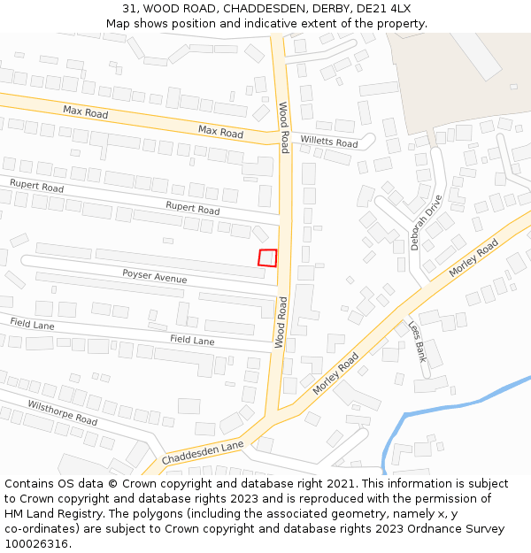 31, WOOD ROAD, CHADDESDEN, DERBY, DE21 4LX: Location map and indicative extent of plot