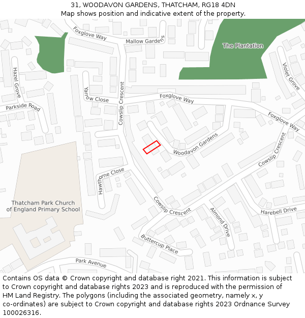 31, WOODAVON GARDENS, THATCHAM, RG18 4DN: Location map and indicative extent of plot