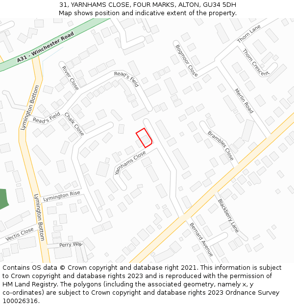 31, YARNHAMS CLOSE, FOUR MARKS, ALTON, GU34 5DH: Location map and indicative extent of plot
