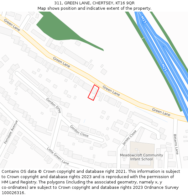 311, GREEN LANE, CHERTSEY, KT16 9QR: Location map and indicative extent of plot