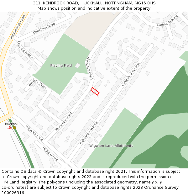 311, KENBROOK ROAD, HUCKNALL, NOTTINGHAM, NG15 8HS: Location map and indicative extent of plot