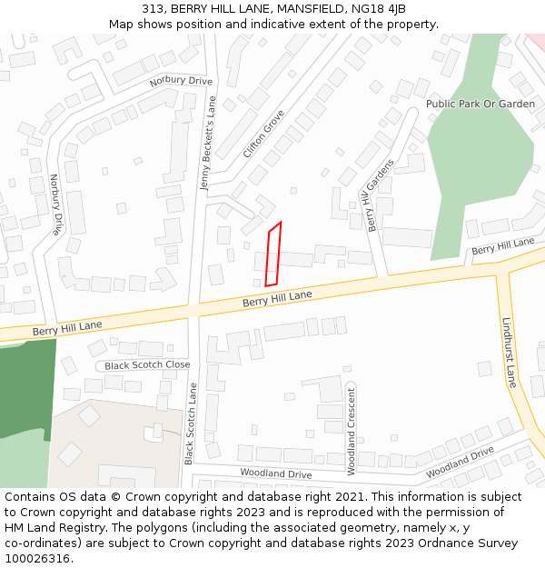 313, BERRY HILL LANE, MANSFIELD, NG18 4JB: Location map and indicative extent of plot