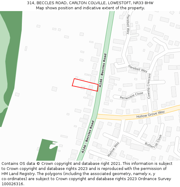 314, BECCLES ROAD, CARLTON COLVILLE, LOWESTOFT, NR33 8HW: Location map and indicative extent of plot